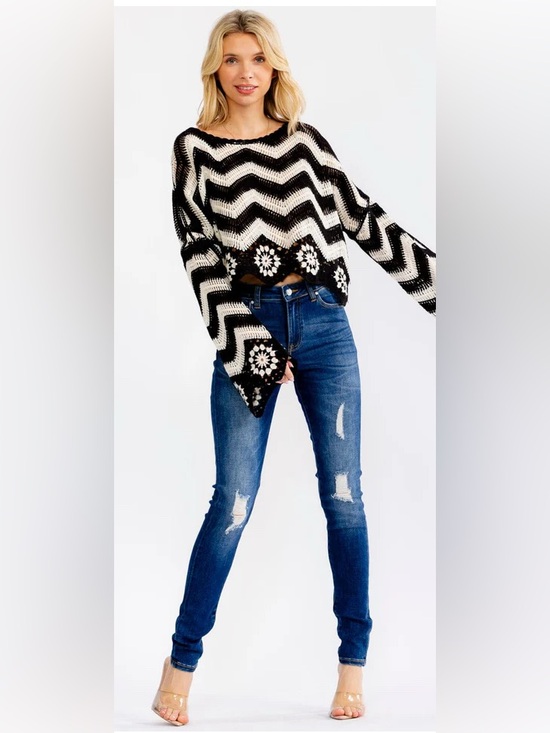 Very J Sweaters - Black and Cream Chevron Crochet Sweater multiple sizes